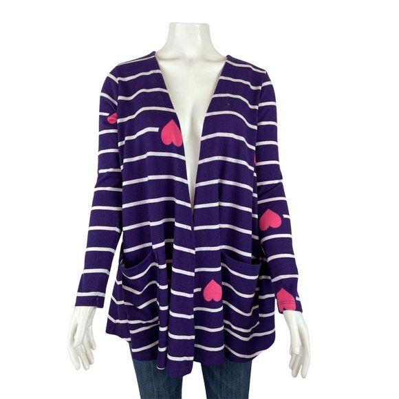 LuLaRoe Sweaters - LuLaRoe Caroline Cardigan Small Purple Hearts Stripe Sweater Pockets